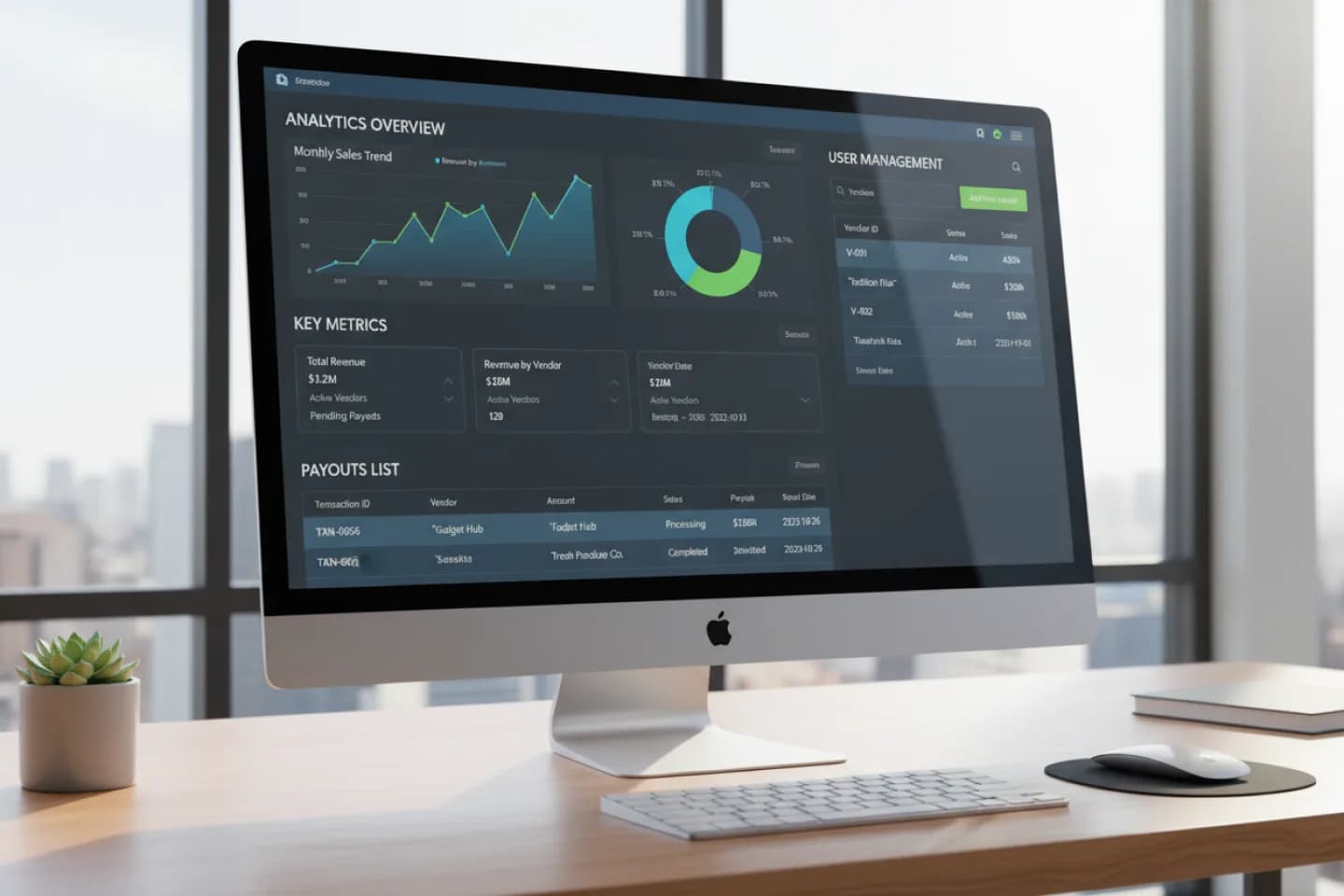 Marketplace analytics dashboard displayed on an iMac