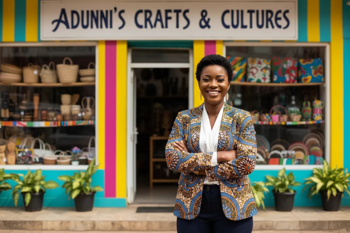 Adunni's Crafts & Cultures storefront owner standing in front of her shop